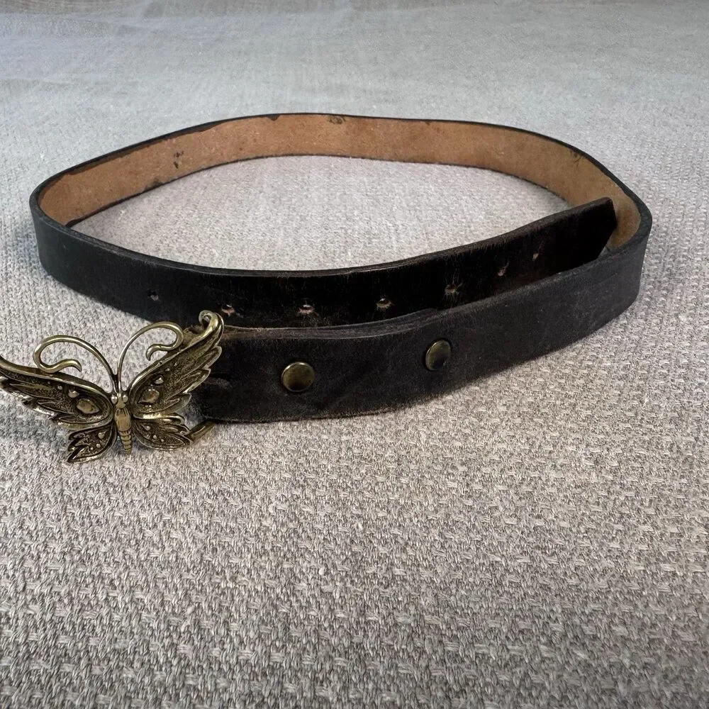 Vintage Brown Leather Belt w/ Solid Brass Butterfly Buckle Sz Small Boho Y2K 523